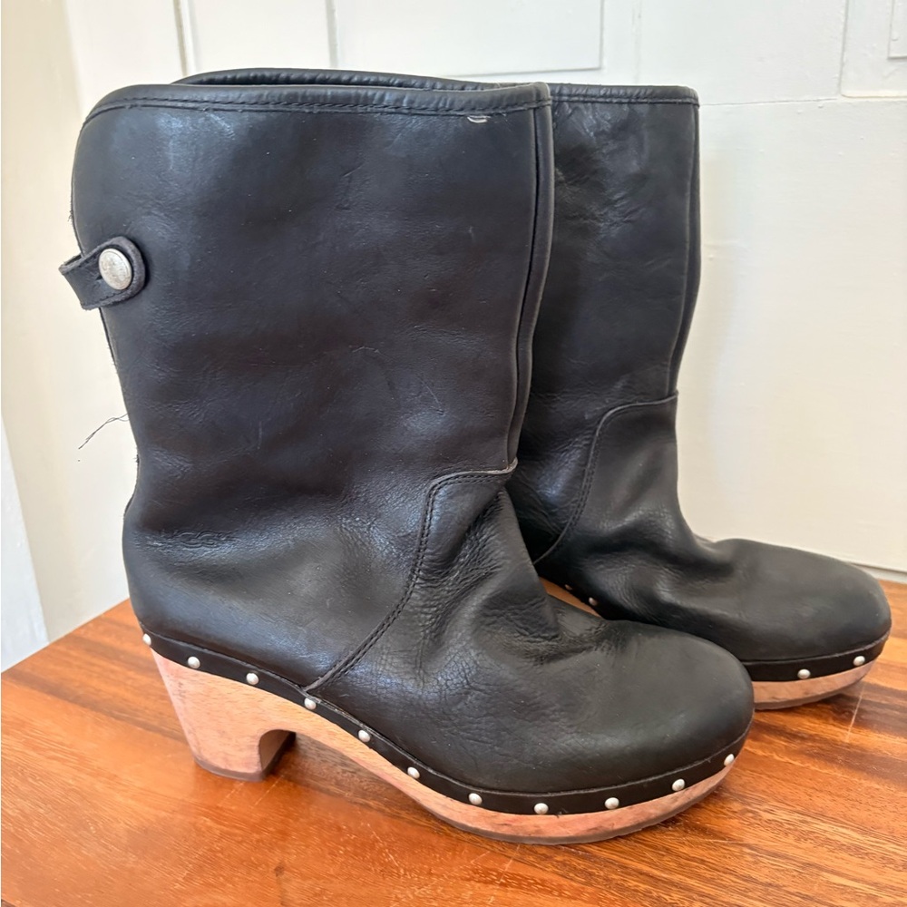 UGG Black Leather Clog Boots